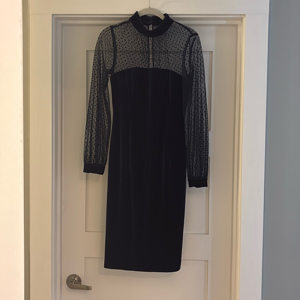 NWT Eliza J. Velvet Mockneck Mesh Long Sleeve Dot Lined Dress Size 0
